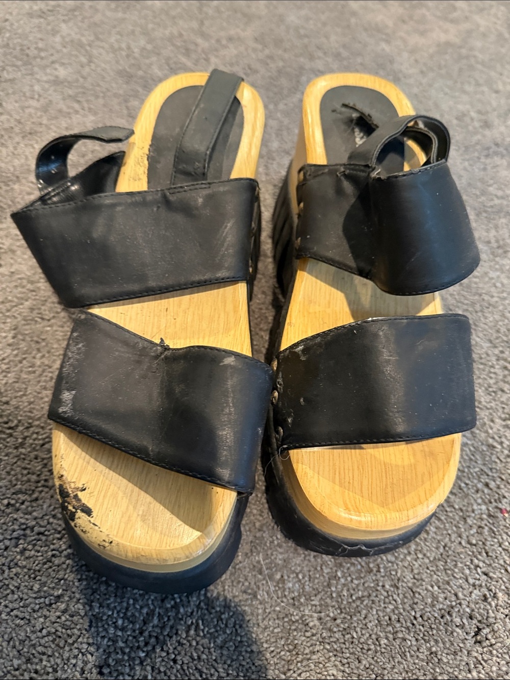 Classified Black Platform Sandals with Faux Wood Footbed